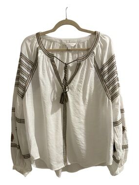 Apricot White Embroidered Boho Peasant Blouse Tassel Tie Size Medium
